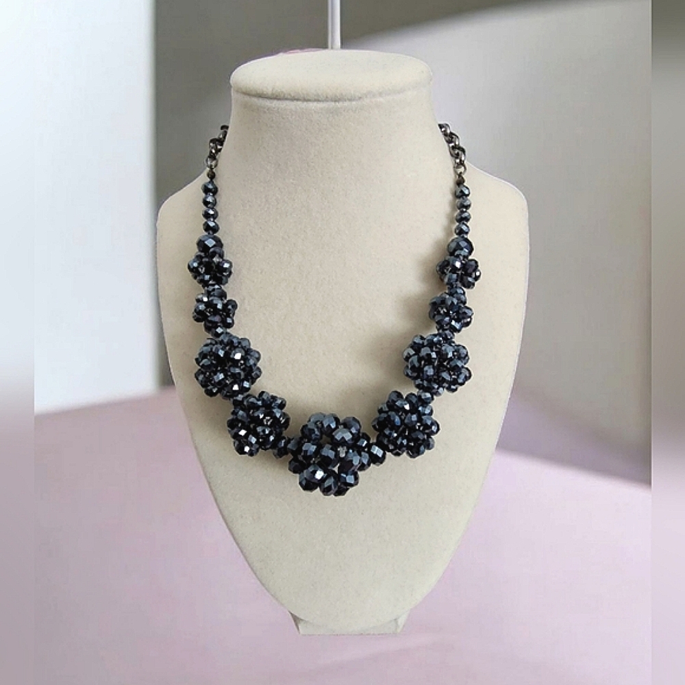 Black Beaded Cluster Necklace Unsigned